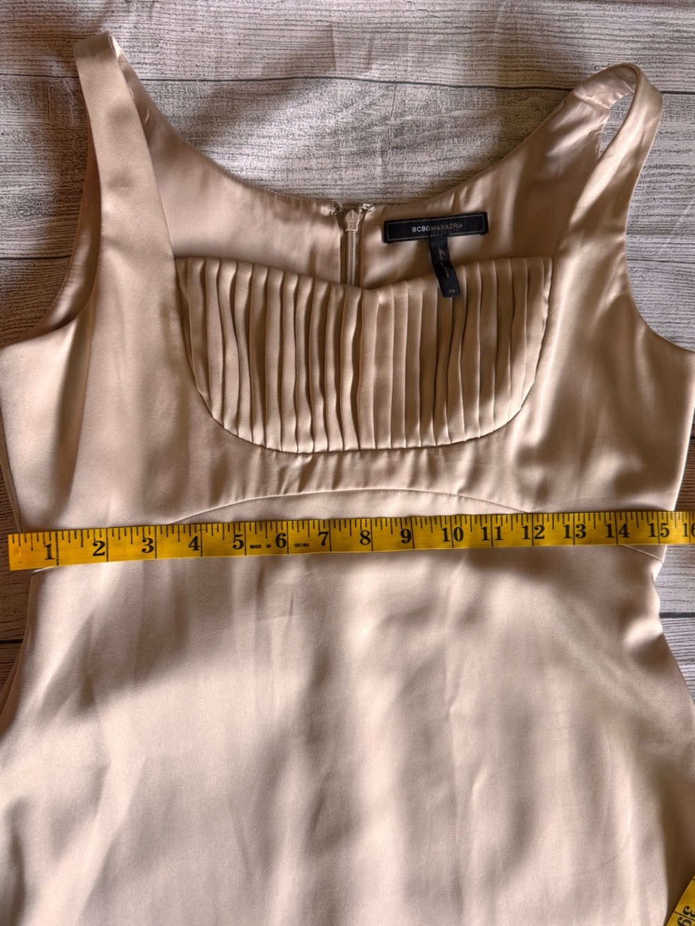 BCBG Max Azria Champagne Satin Midi Dress Pleated Bust Formal Wedding Size 8 - Picture 3 of 10